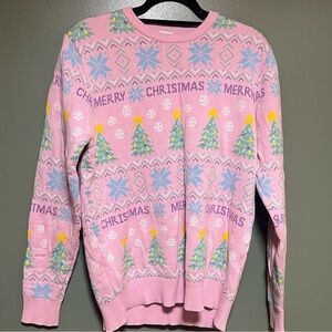 Pink Christmas Tree Pattern Crewneck Sweater 100% Cotton